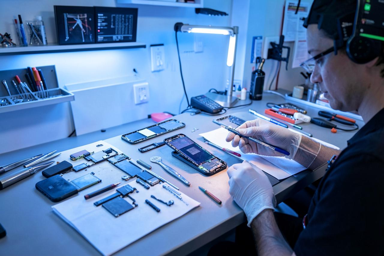 Técnico reparando un teléfono celular en el taller de Terazopht